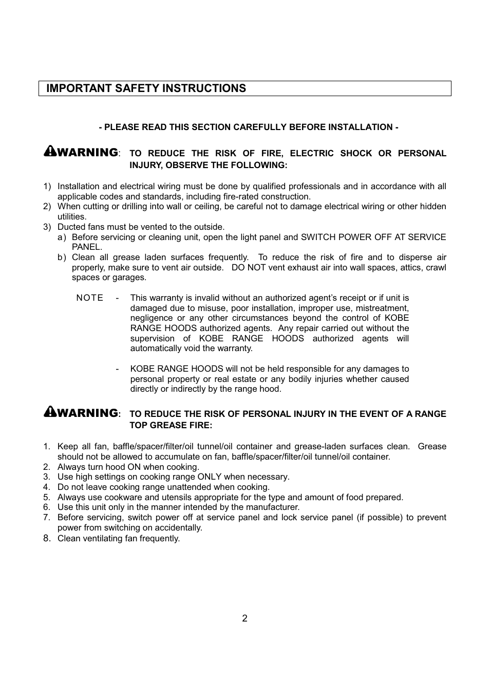 Important safety instructions, Warning | Kobe Range Hoods CH2736SQB User Manual | Page 4 / 102