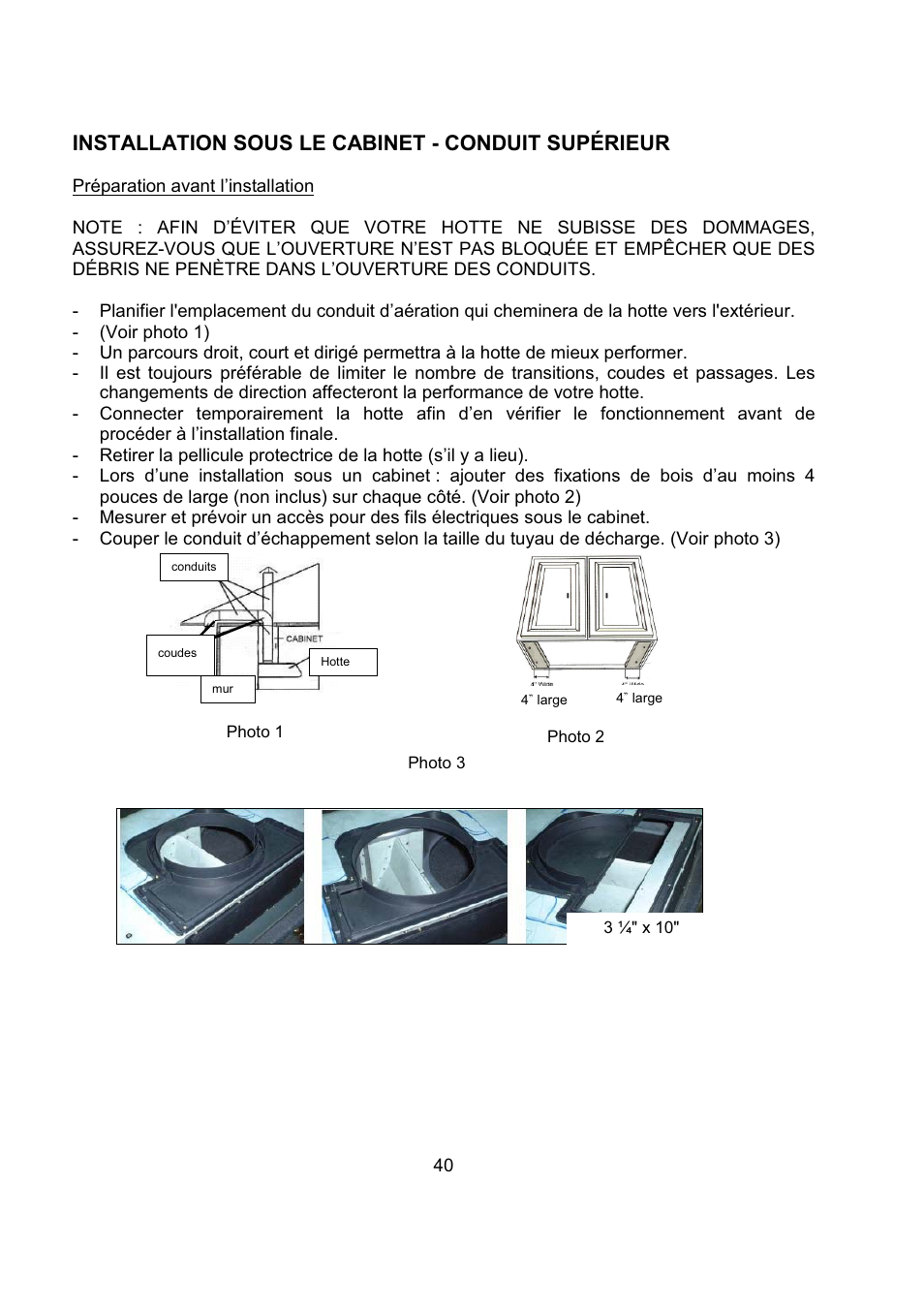 Installation sous le cabinet - conduit supérieur | Kobe Range Hoods CH2736SQB User Manual | Page 42 / 102