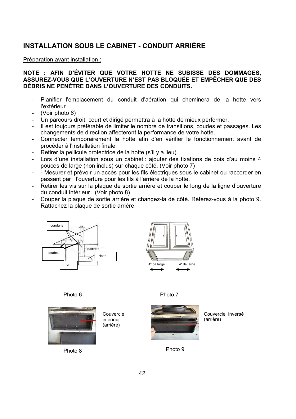 Installation sous le cabinet - conduit arrière | Kobe Range Hoods CH2736SQB User Manual | Page 44 / 102