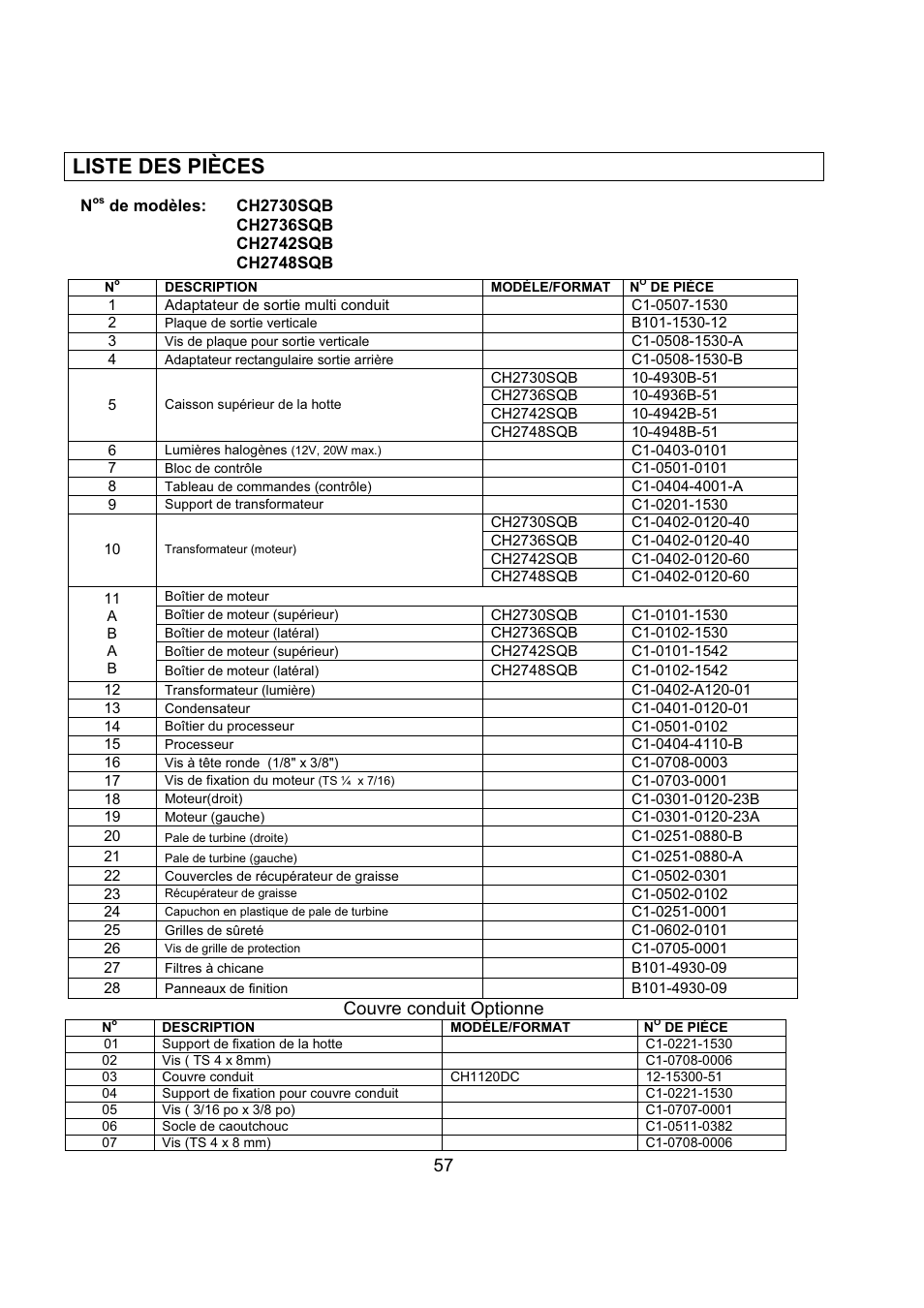 Liste des pièces, Couvre conduit optionne | Kobe Range Hoods CH2736SQB User Manual | Page 59 / 102