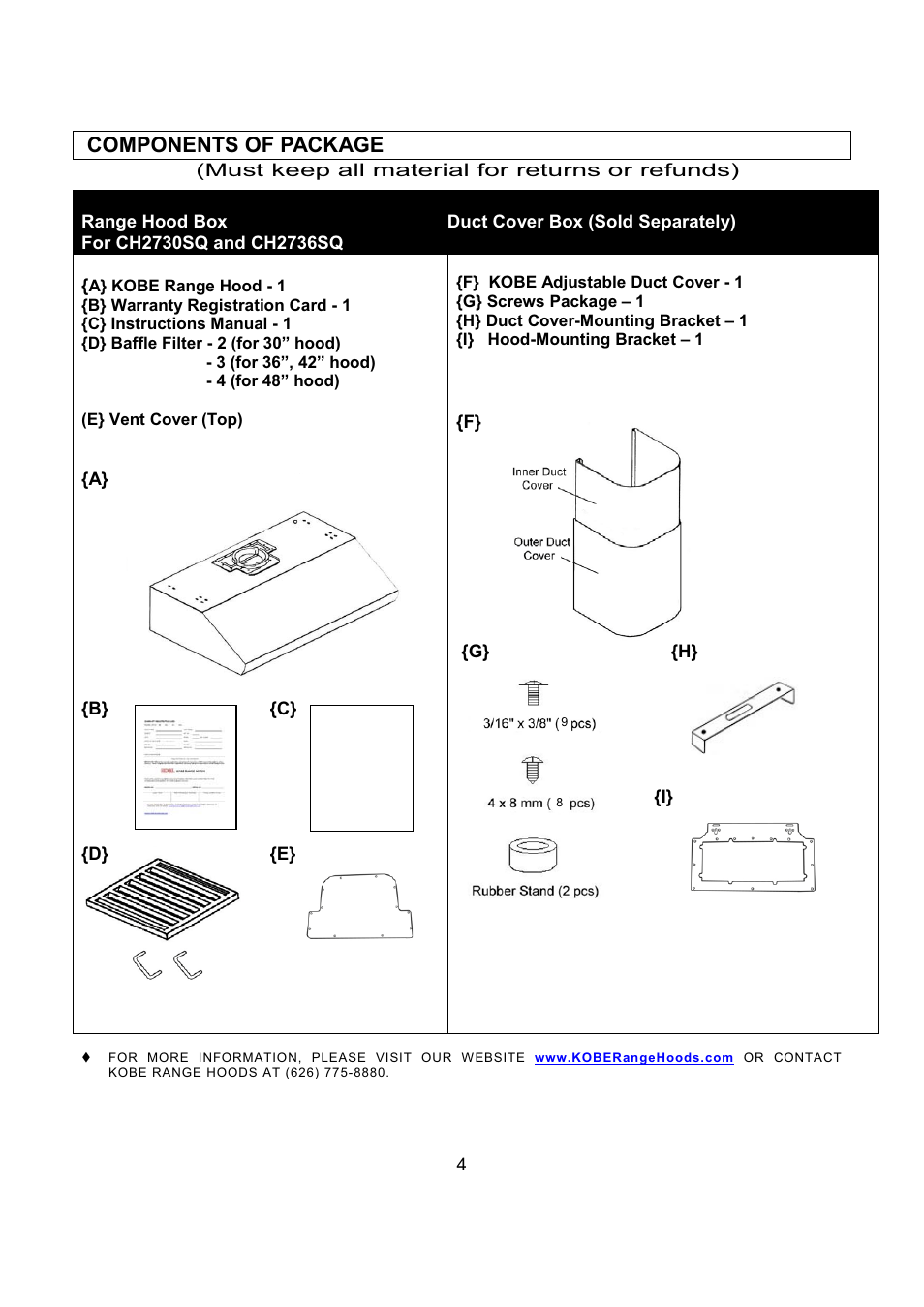 Components of package | Kobe Range Hoods CH2736SQB User Manual | Page 6 / 102