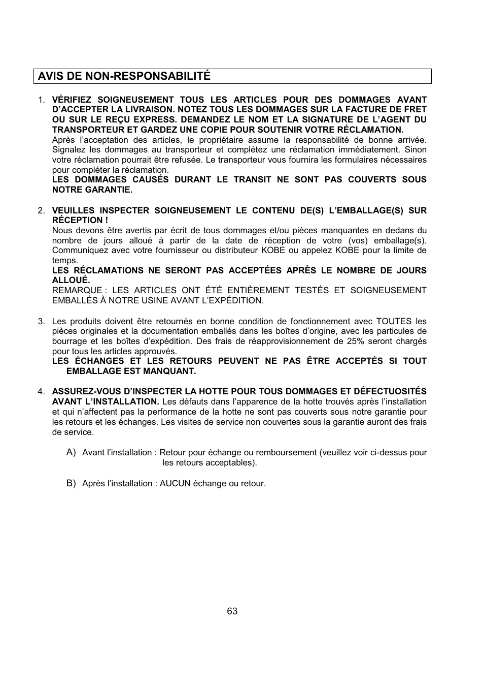 Avis de non-responsabilité | Kobe Range Hoods CH2736SQB User Manual | Page 65 / 102