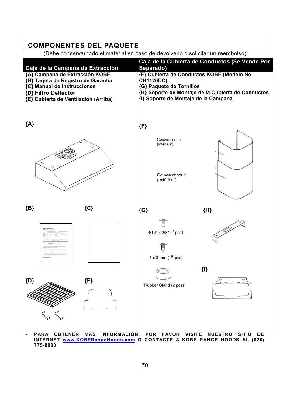 Componentes del paquete | Kobe Range Hoods CH2736SQB User Manual | Page 72 / 102