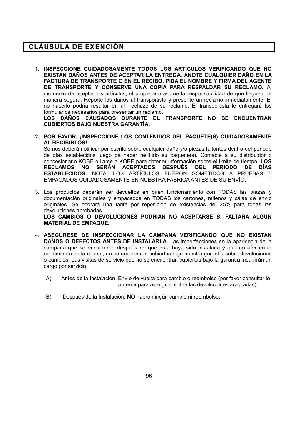 Cláusula de exención | Kobe Range Hoods CH2736SQB User Manual | Page 98 / 102