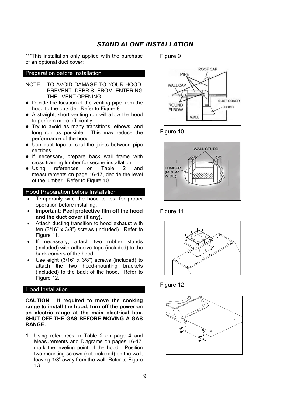 Stand alone installation | Kobe Range Hoods CH-100 CH0030SQB User Manual | Page 11 / 84
