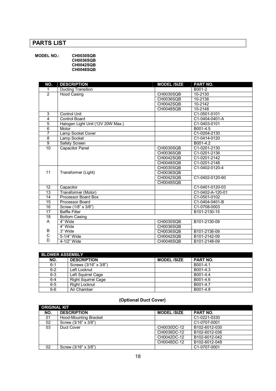 Parts list | Kobe Range Hoods CH-100 CH0030SQB User Manual | Page 20 / 84