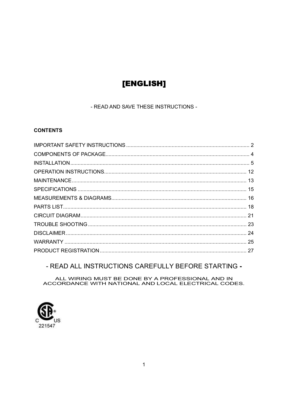 English, Read all instructions carefully before starting | Kobe Range Hoods CH-100 CH0030SQB User Manual | Page 3 / 84