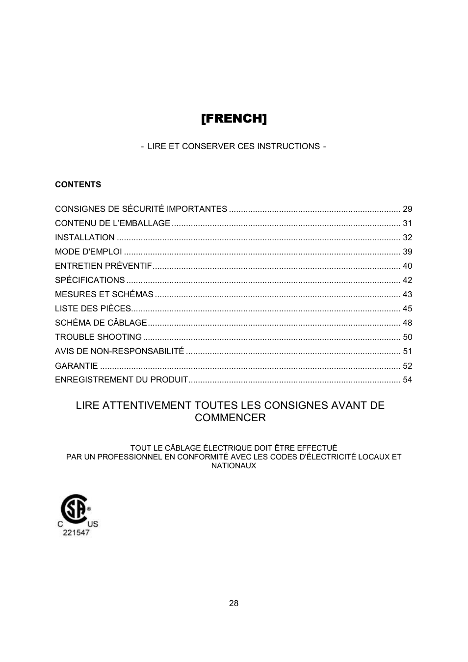 French | Kobe Range Hoods CH-100 CH0030SQB User Manual | Page 30 / 84