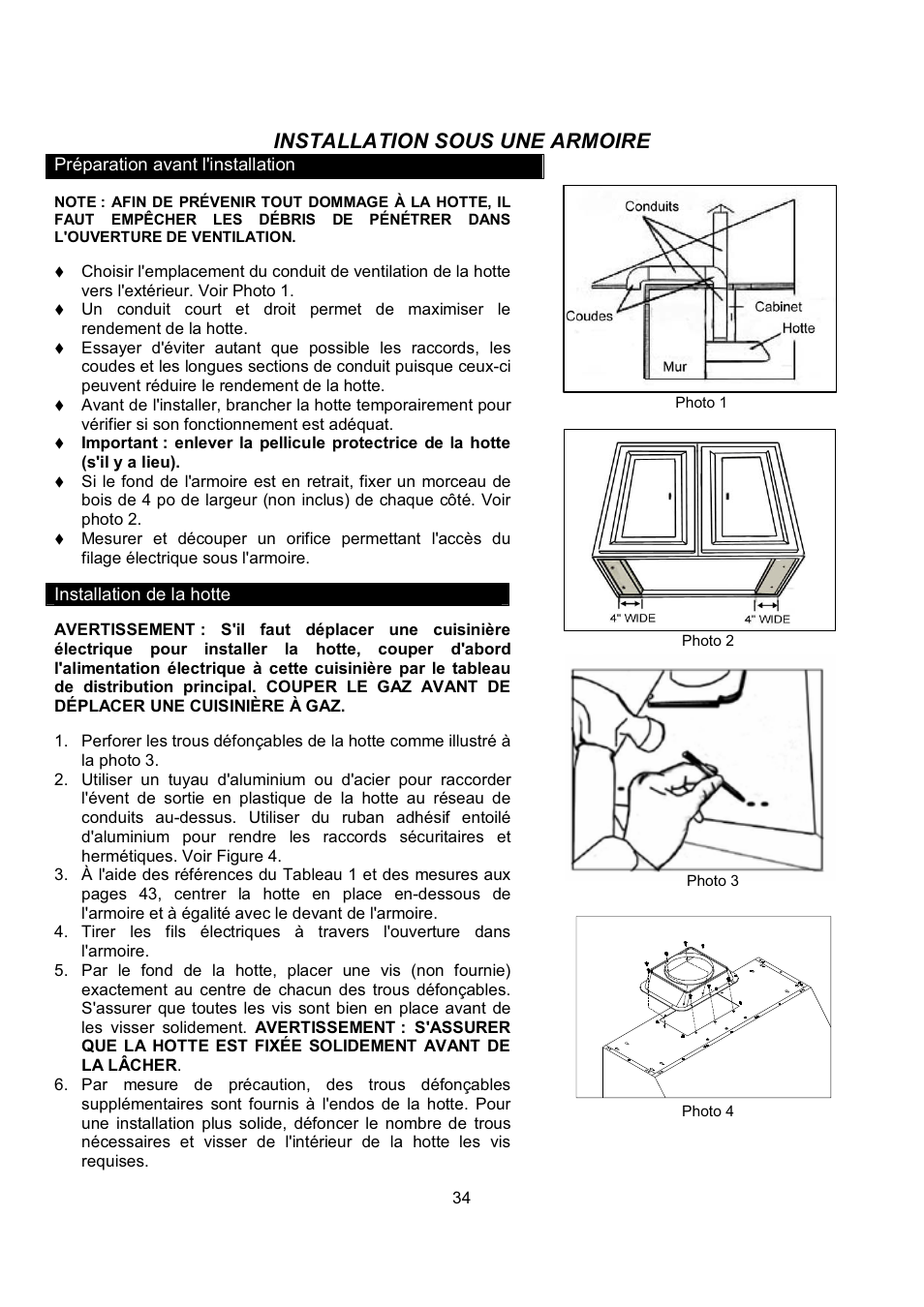 Installation sous une armoire | Kobe Range Hoods CH-100 CH0030SQB User Manual | Page 36 / 84