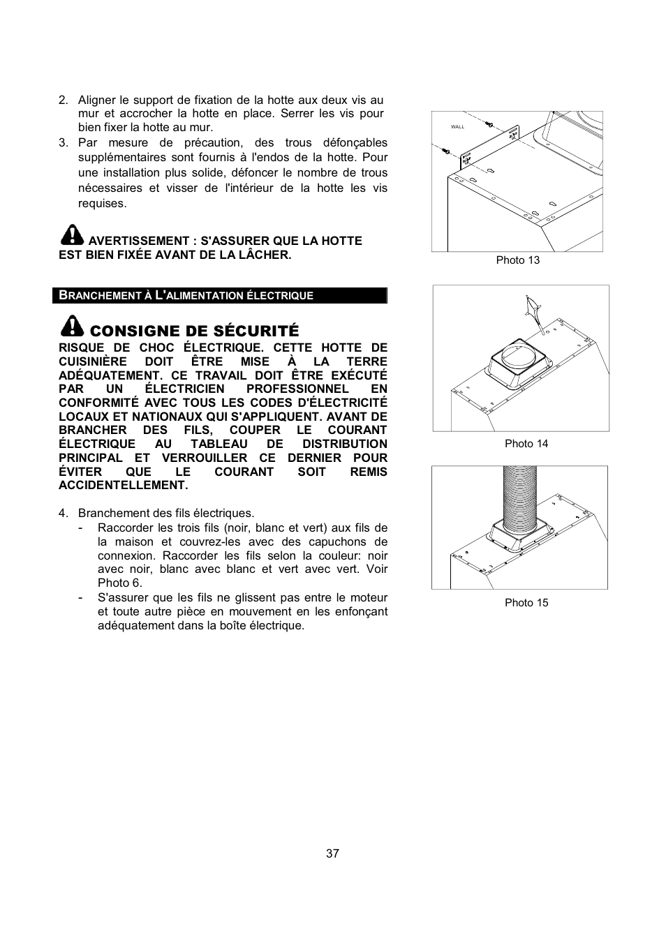 Consigne de sécurité | Kobe Range Hoods CH-100 CH0030SQB User Manual | Page 39 / 84