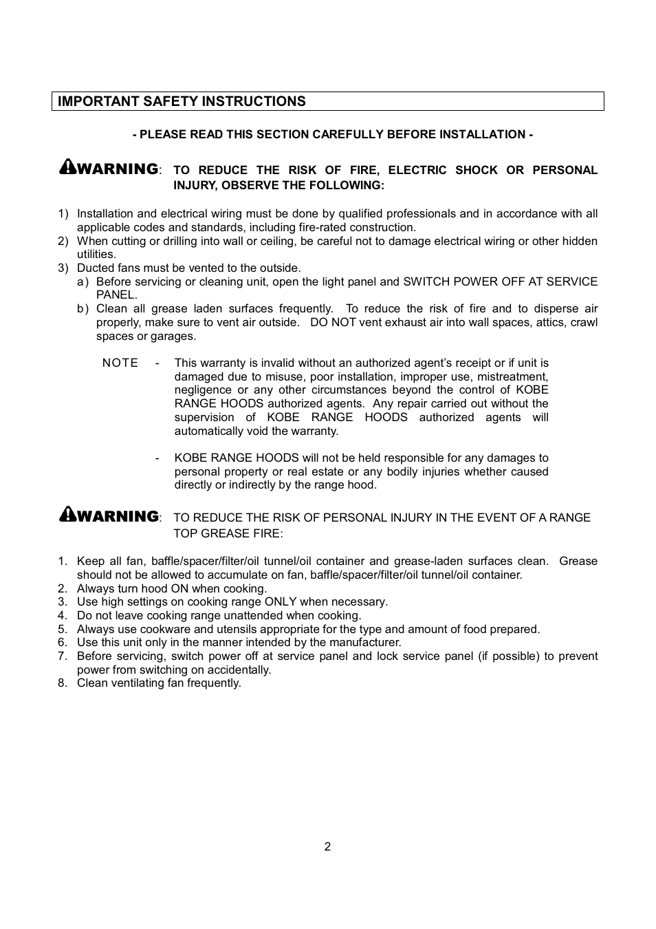 Warning | Kobe Range Hoods CH-100 CH0030SQB User Manual | Page 4 / 84