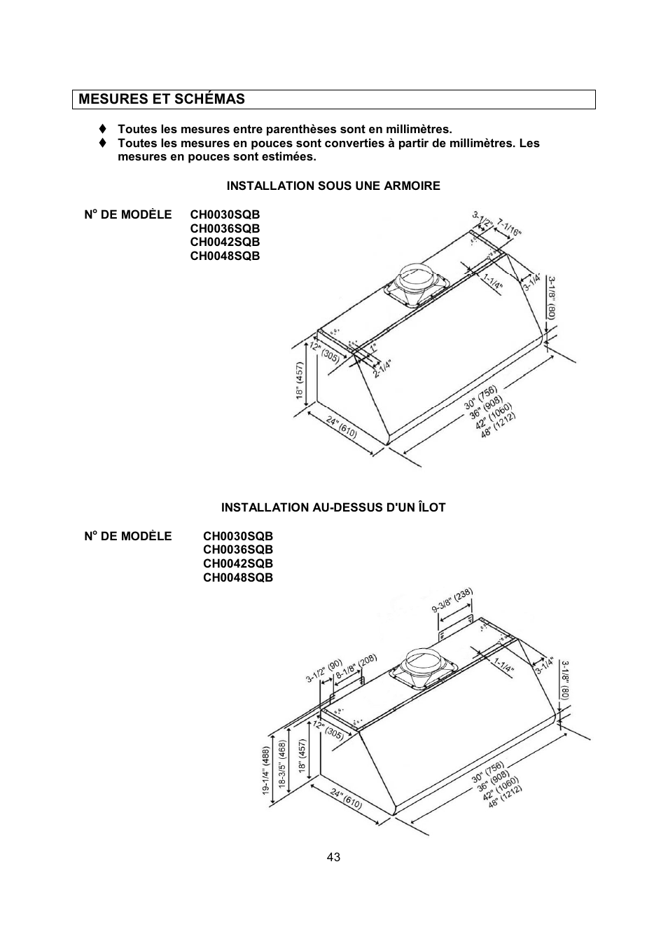 Mesures et schémas | Kobe Range Hoods CH-100 CH0030SQB User Manual | Page 45 / 84