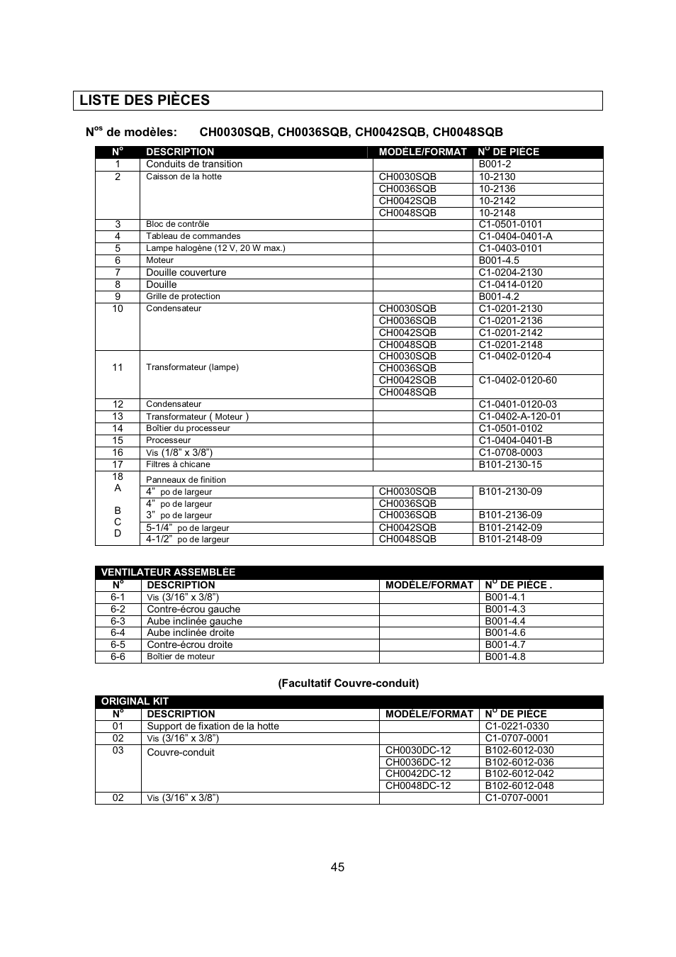 Liste des pièces | Kobe Range Hoods CH-100 CH0030SQB User Manual | Page 47 / 84