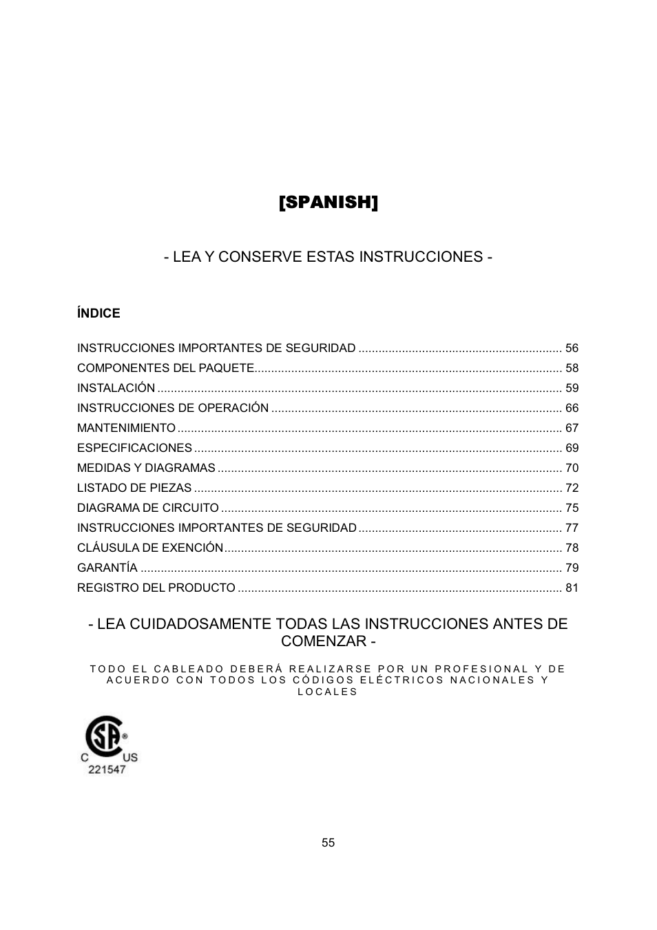 Spanish, Lea y conserve estas instrucciones | Kobe Range Hoods CH-100 CH0030SQB User Manual | Page 57 / 84