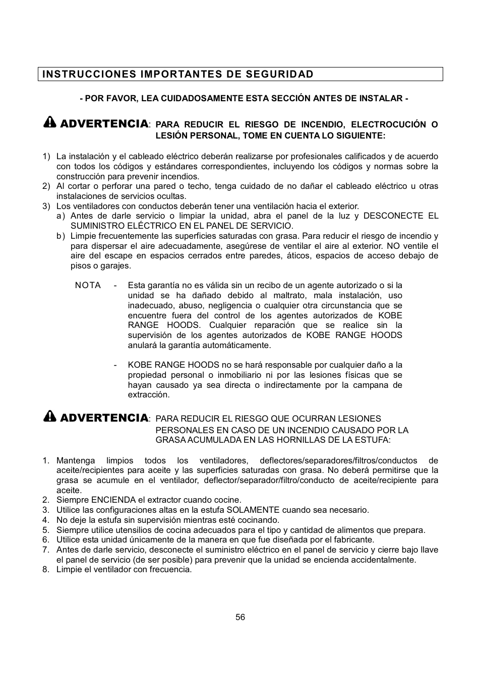 Advertencia | Kobe Range Hoods CH-100 CH0030SQB User Manual | Page 58 / 84