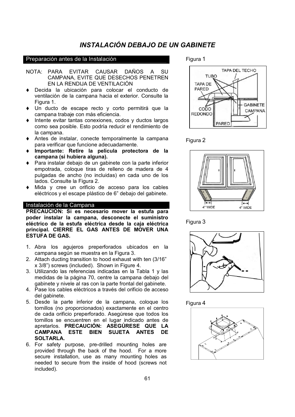 Instalación debajo de un gabinete | Kobe Range Hoods CH-100 CH0030SQB User Manual | Page 63 / 84