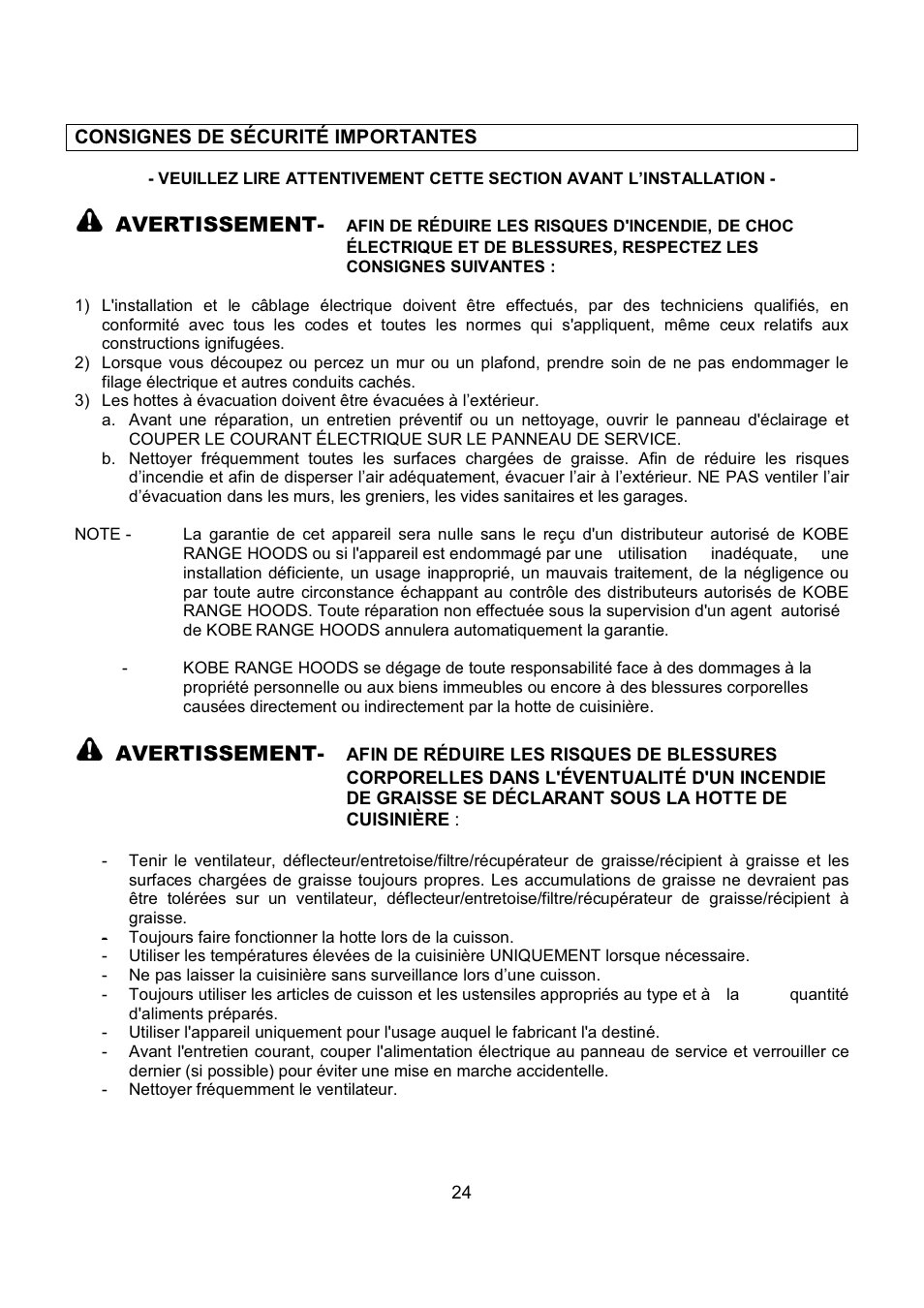 Avertissement | Kobe Range Hoods IN-027 User Manual | Page 26 / 69