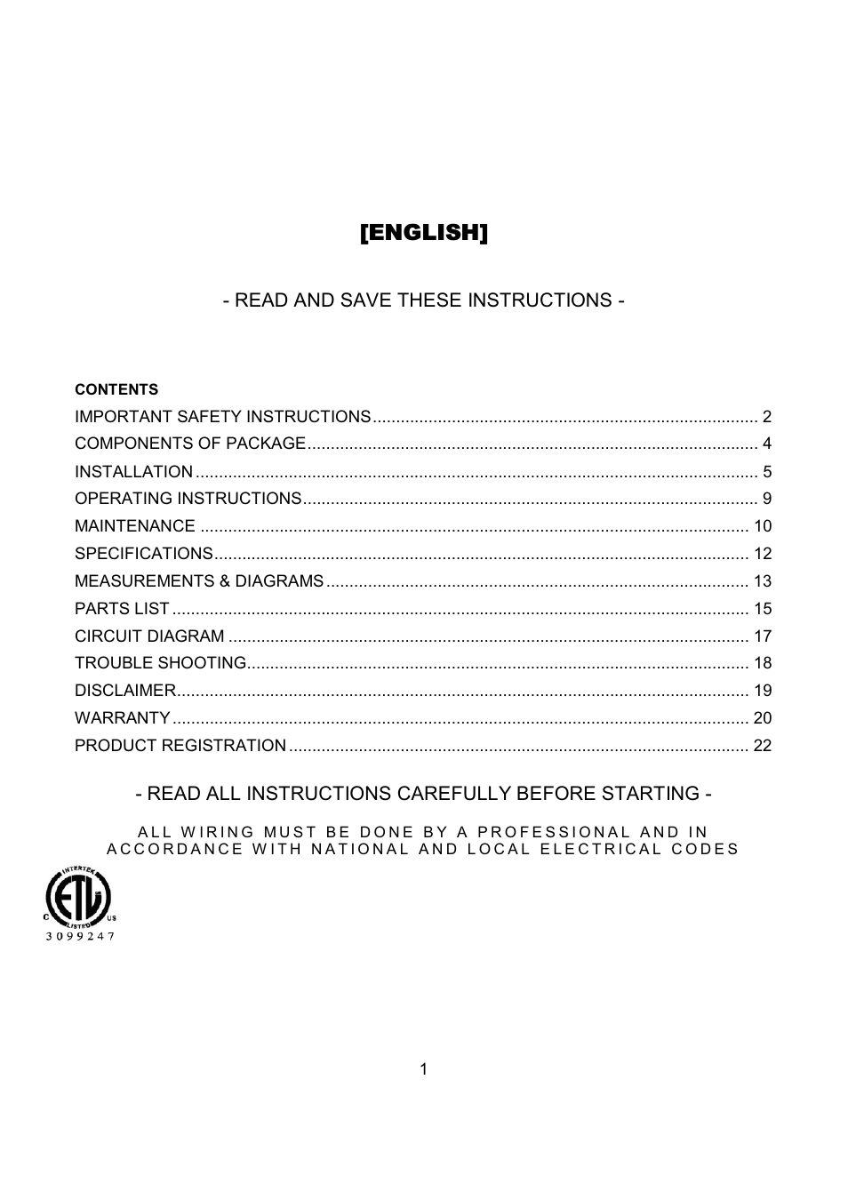 English | Kobe Range Hoods IN-027 User Manual | Page 3 / 69