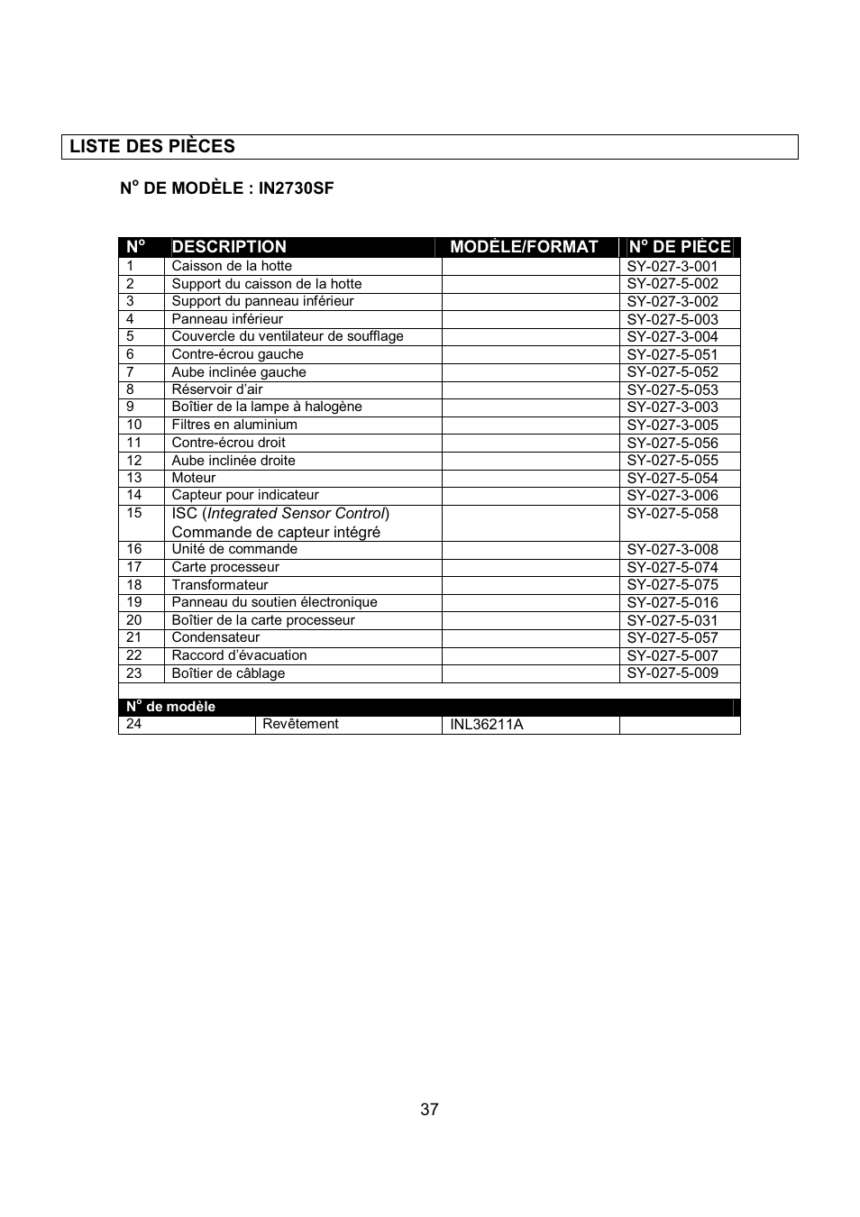 Liste des pièces | Kobe Range Hoods IN-027 User Manual | Page 39 / 69