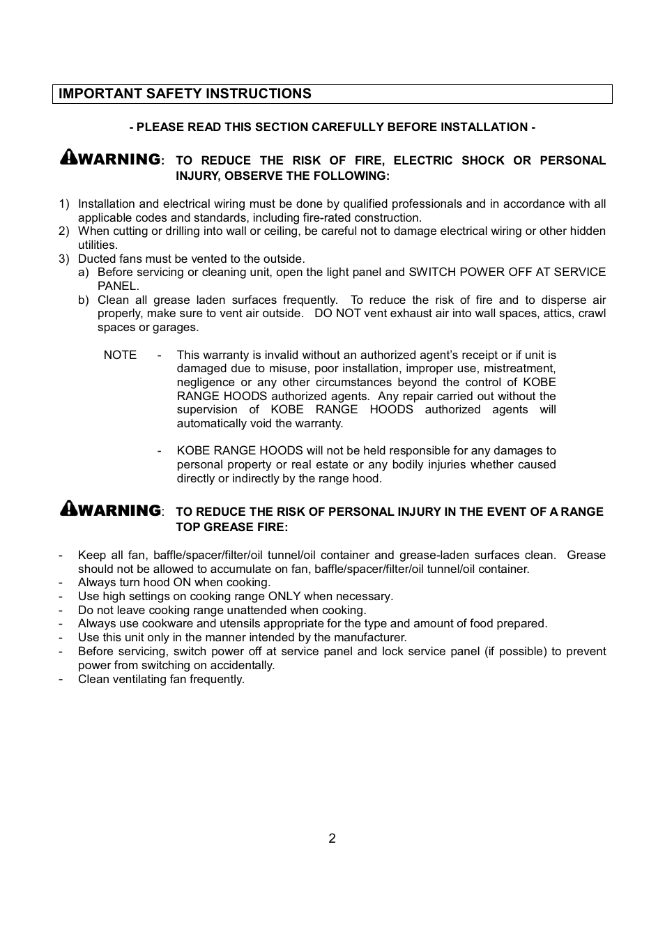 Warning | Kobe Range Hoods IN-027 User Manual | Page 4 / 69
