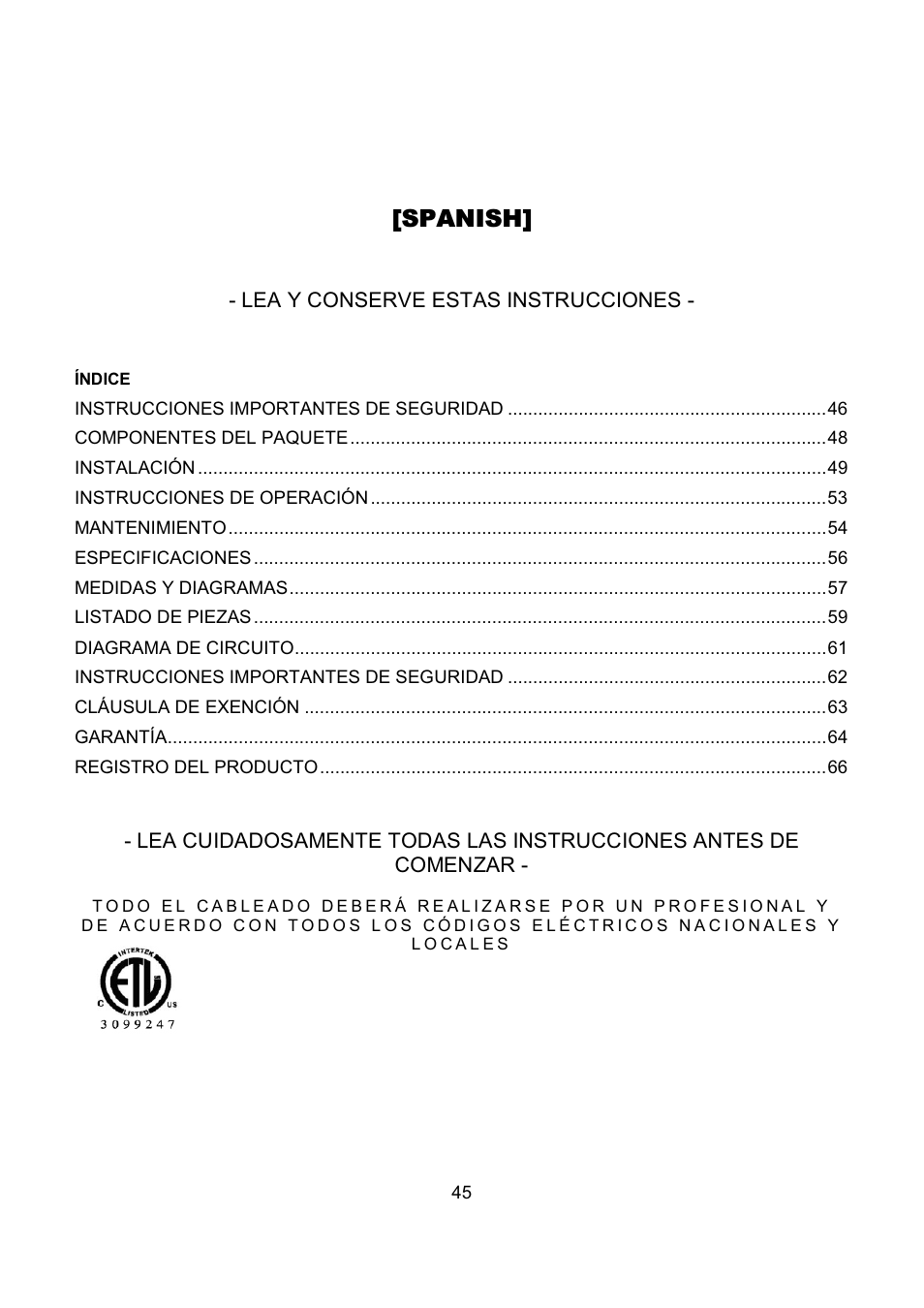 Spanish | Kobe Range Hoods IN-027 User Manual | Page 47 / 69