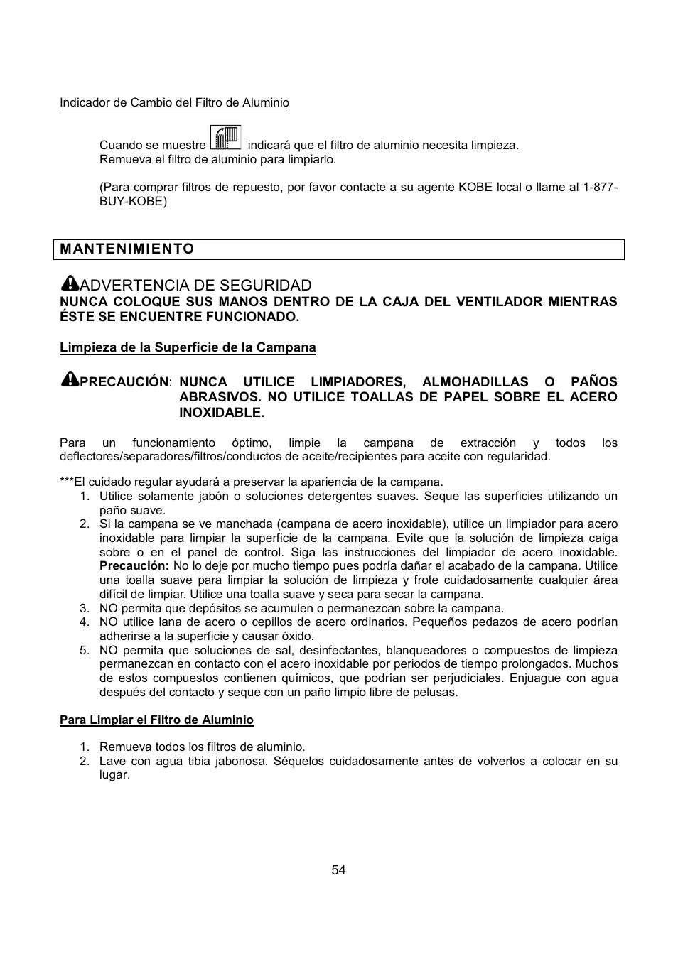 Advertencia de seguridad | Kobe Range Hoods IN-027 User Manual | Page 56 / 69