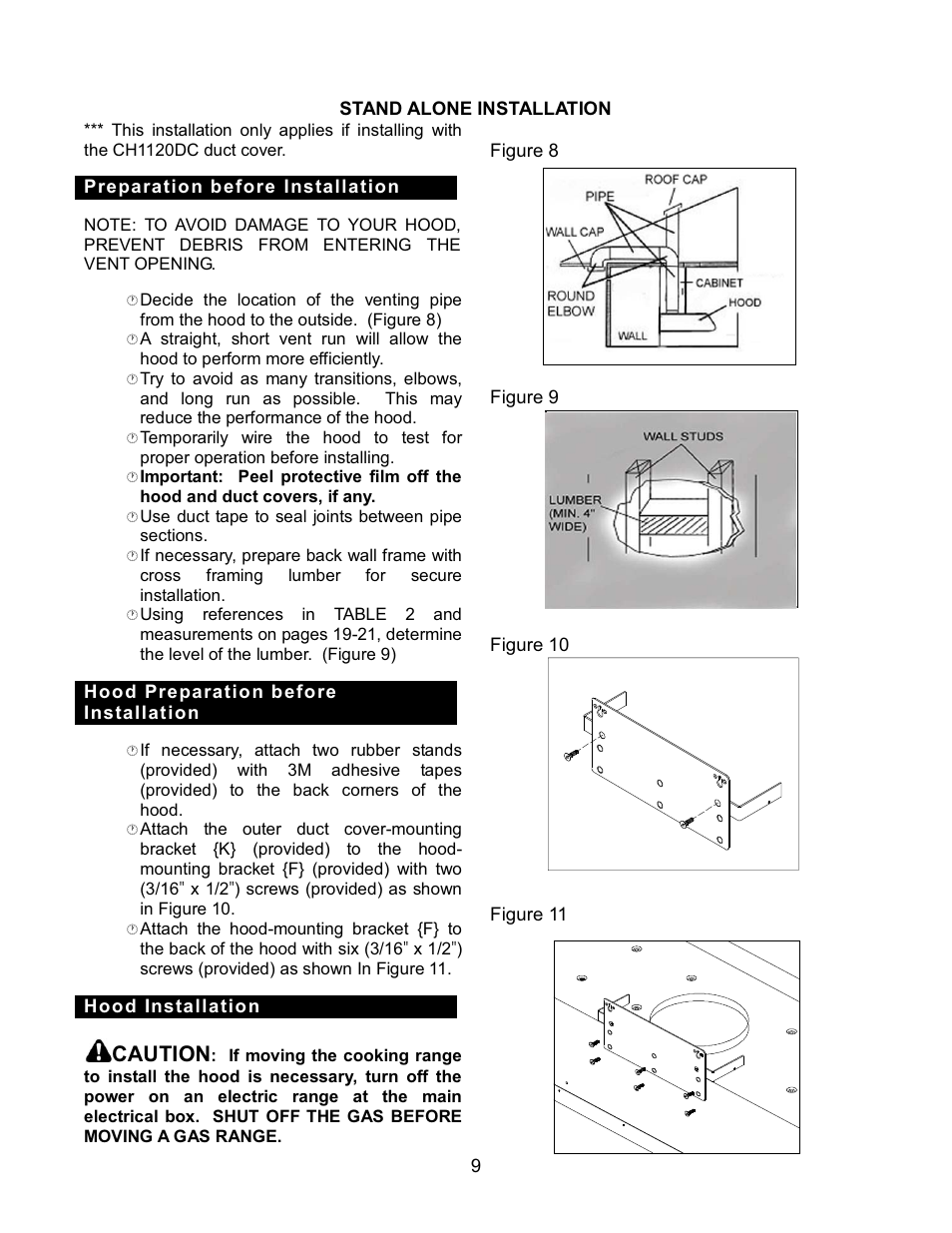 Caution | Kobe Range Hoods CH7630SQB User Manual | Page 11 / 109