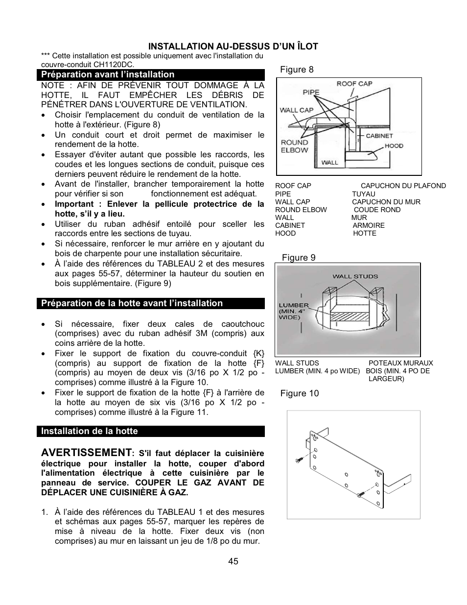 Avertissement | Kobe Range Hoods CH7630SQB User Manual | Page 47 / 109
