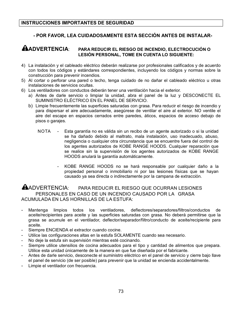 Advertencia | Kobe Range Hoods CH7630SQB User Manual | Page 76 / 109