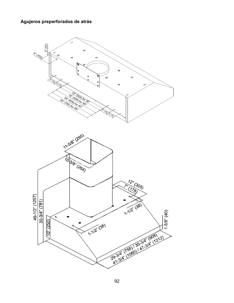 92 agujeros preperforados de atrás | Kobe Range Hoods CH7630SQB User Manual | Page 95 / 109