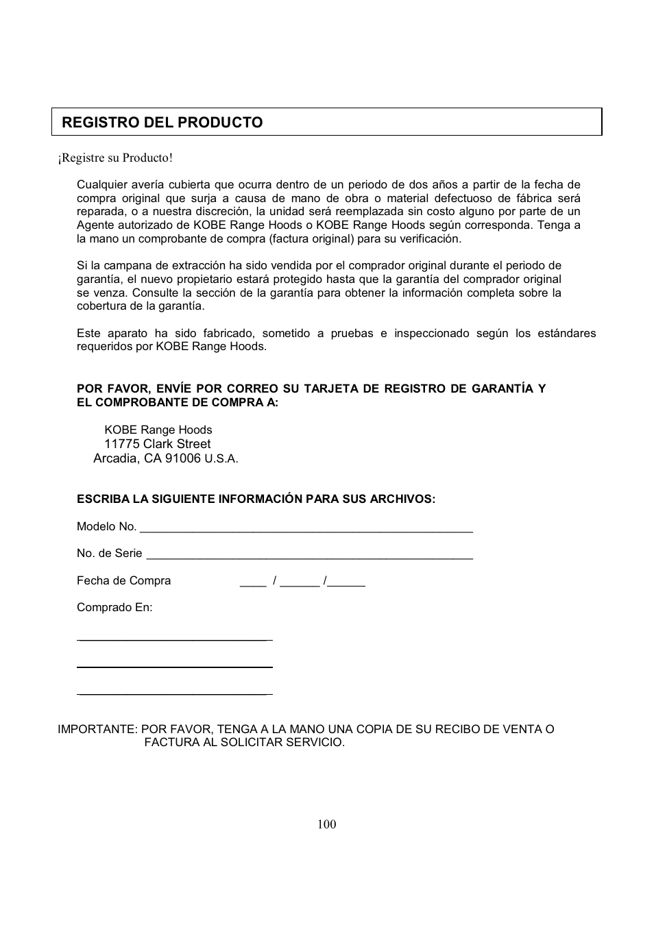 Registro del producto | Kobe Range Hoods CH7742SQB User Manual | Page 107 / 108