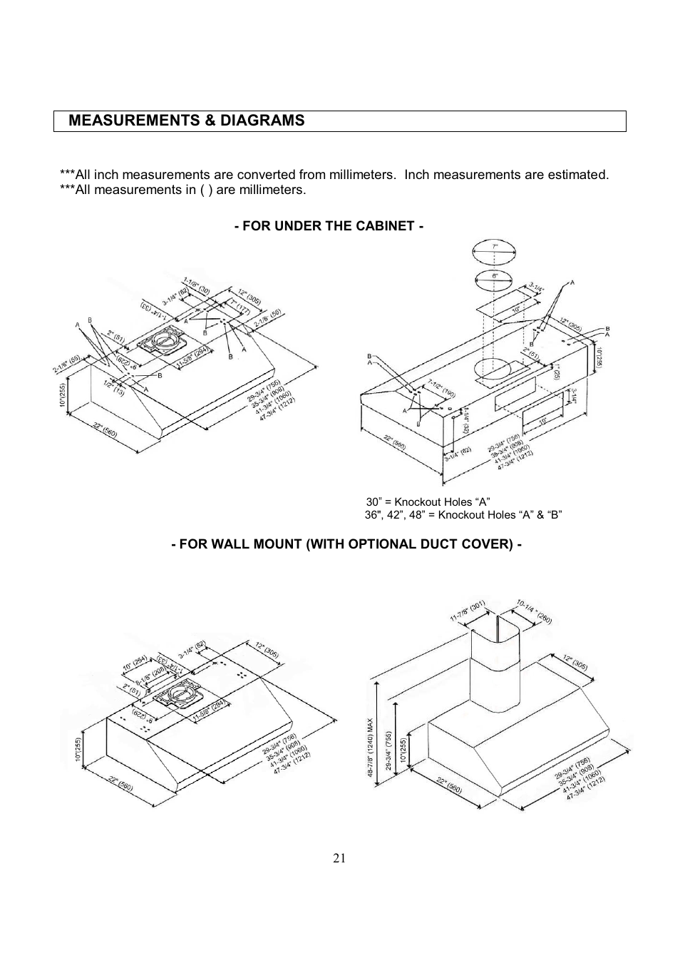 Measurements & diagrams | Kobe Range Hoods CH7742SQB User Manual | Page 23 / 108