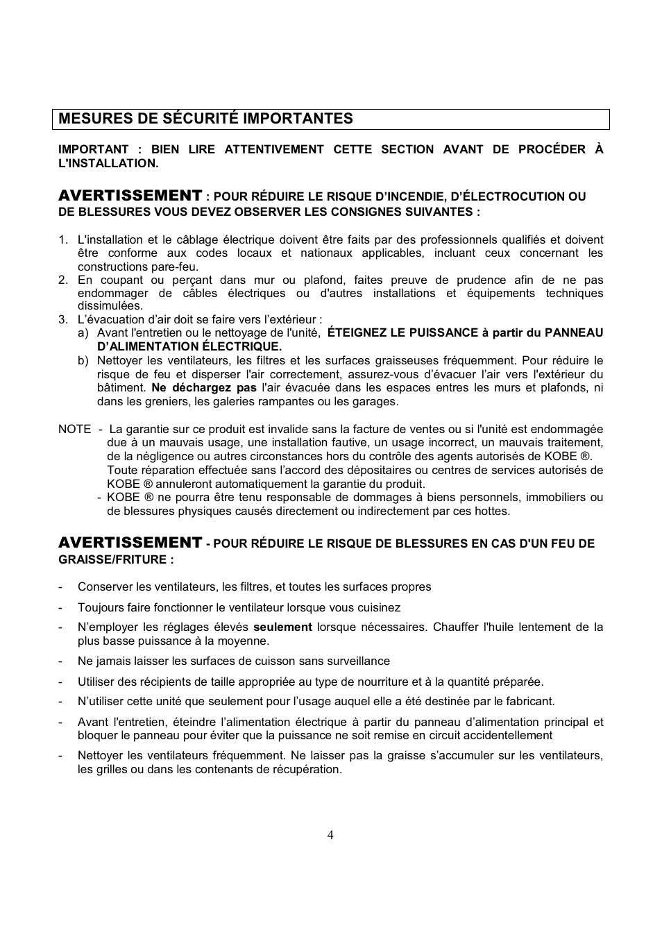 Mesures de sécurité importantes, Avertissement | Kobe Range Hoods CH7742SQB User Manual | Page 38 / 108