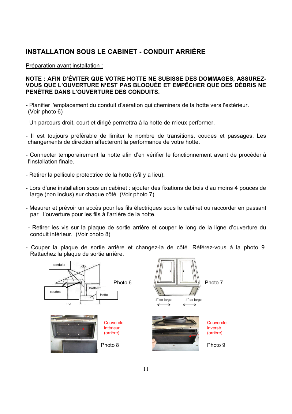Installation sous le cabinet - conduit arrière | Kobe Range Hoods CH7742SQB User Manual | Page 45 / 108