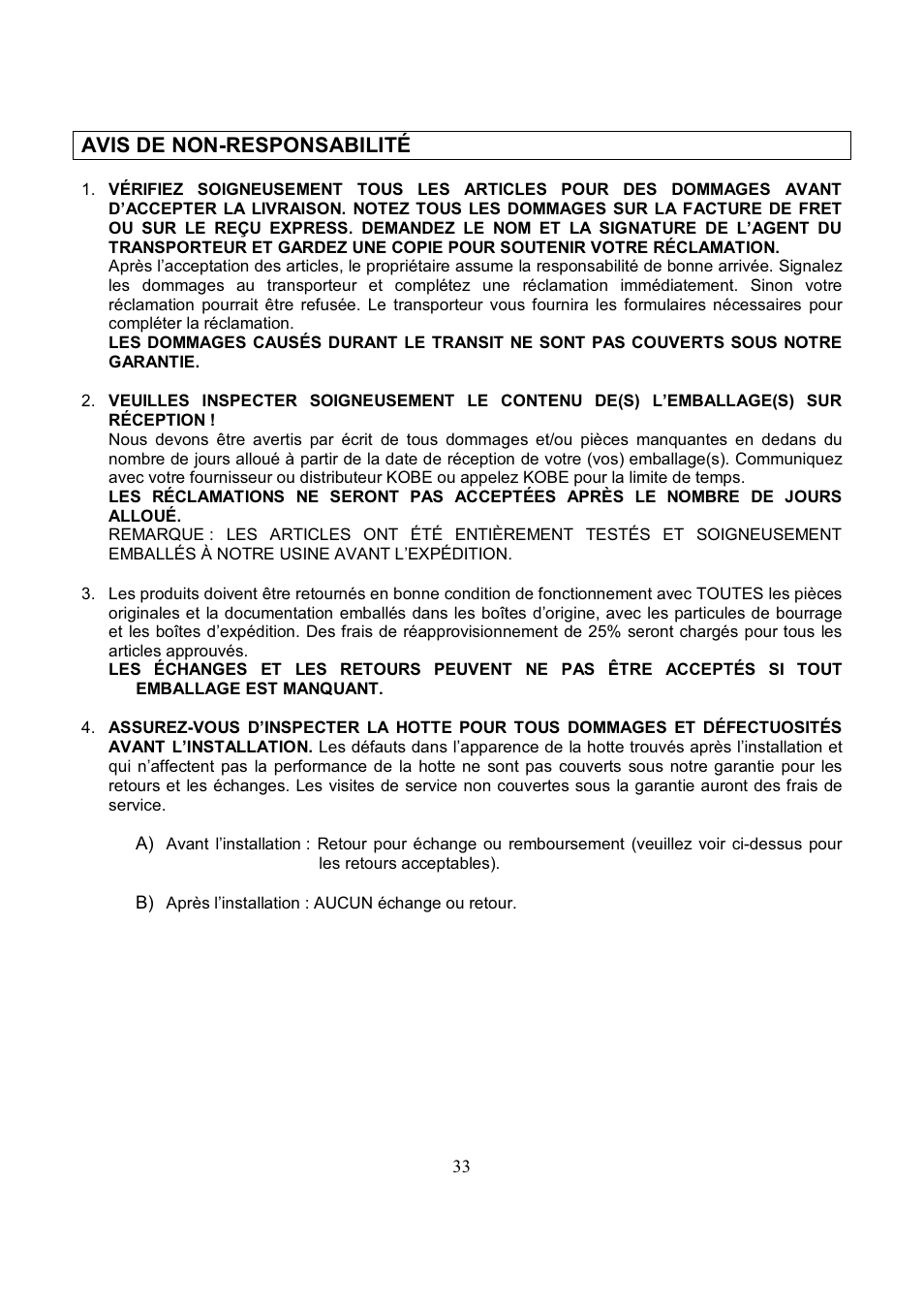 Avis de non-responsabilité | Kobe Range Hoods CH7742SQB User Manual | Page 67 / 108