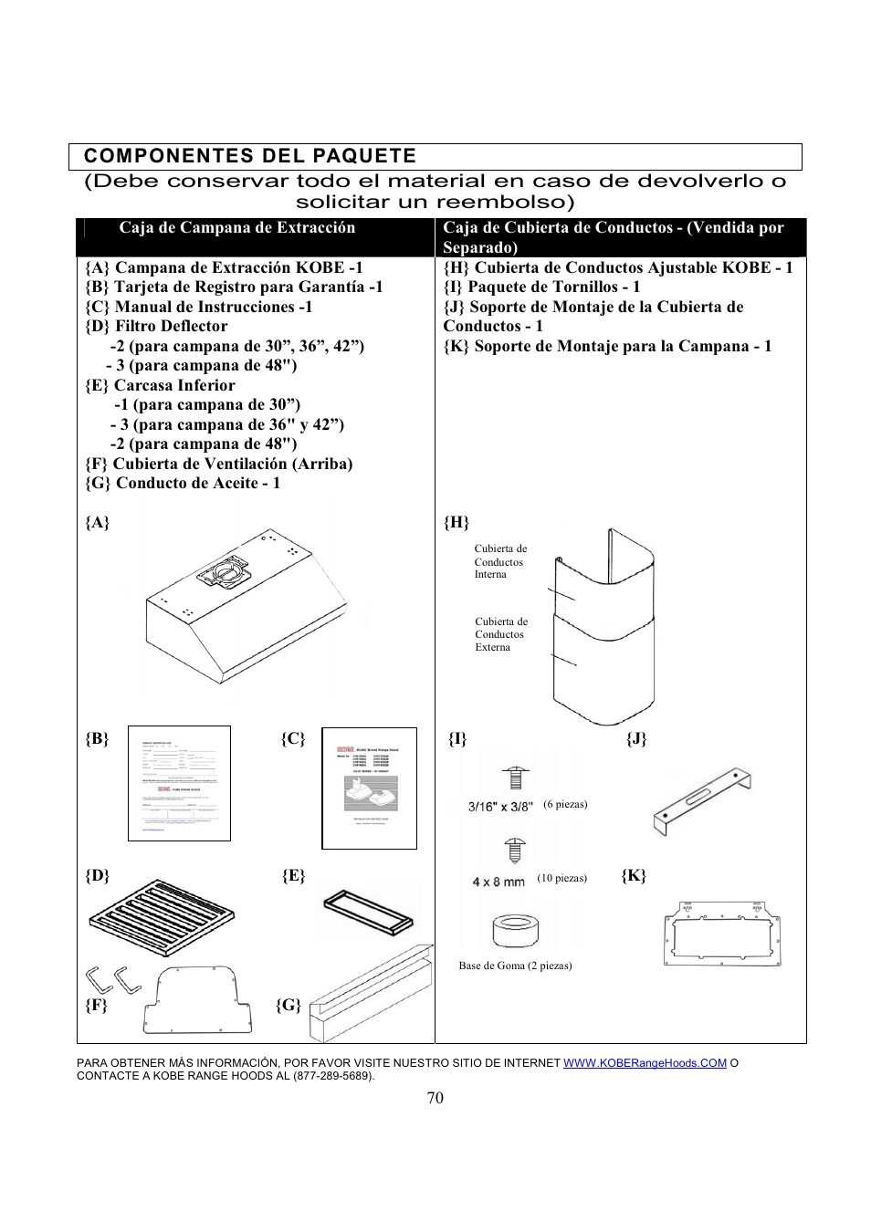 Comp onentes de l paque te | Kobe Range Hoods CH7742SQB User Manual | Page 77 / 108