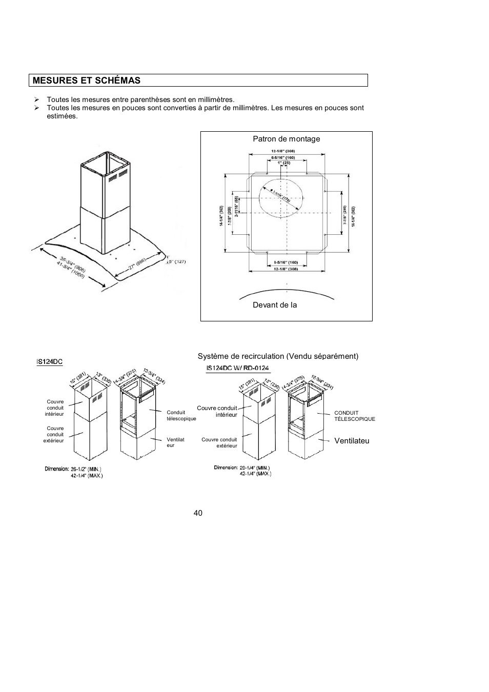 Mesures et schémas | Kobe Range Hoods ISLAND GLASS CANOPY WITH LCD SCREEN IS2442GSB User Manual | Page 42 / 78