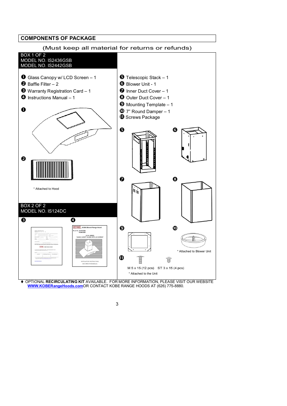 Kobe Range Hoods ISLAND GLASS CANOPY WITH LCD SCREEN IS2442GSB User Manual | Page 5 / 78
