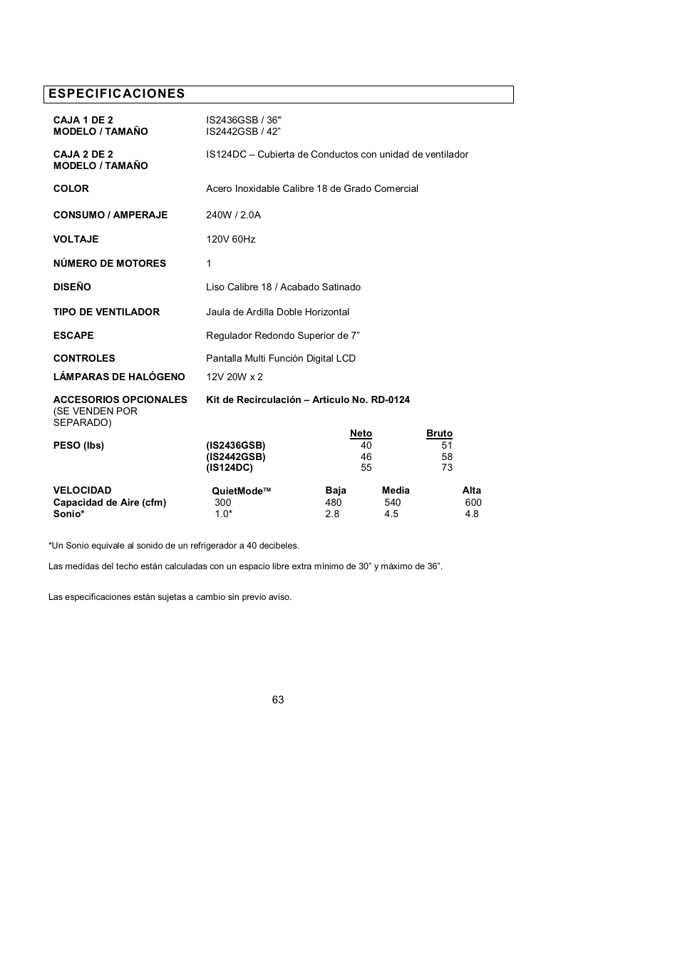 Especific aciones | Kobe Range Hoods ISLAND GLASS CANOPY WITH LCD SCREEN IS2442GSB User Manual | Page 67 / 78