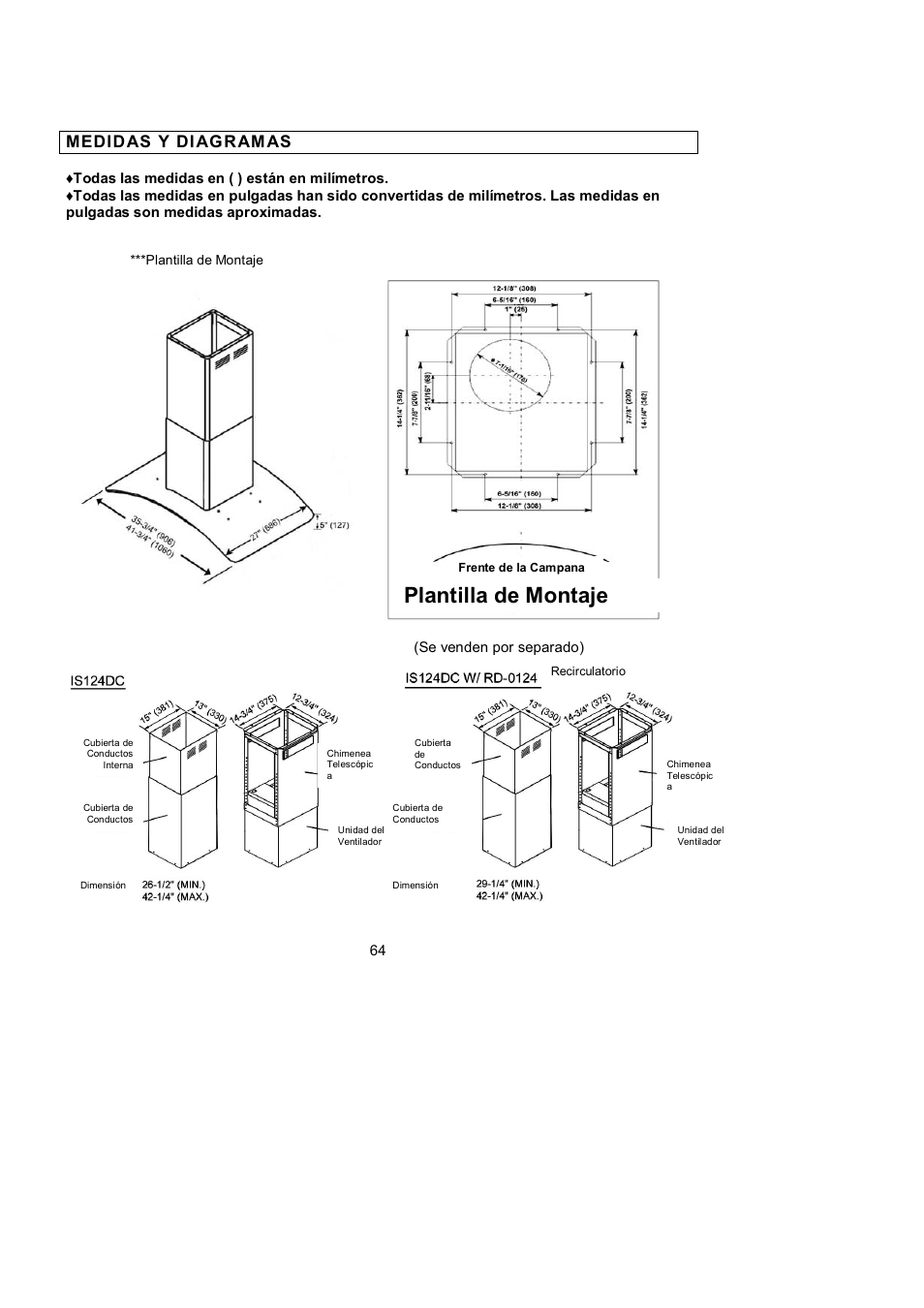 Plantilla de montaje, Medidas y di ag ram as | Kobe Range Hoods ISLAND GLASS CANOPY WITH LCD SCREEN IS2442GSB User Manual | Page 68 / 78