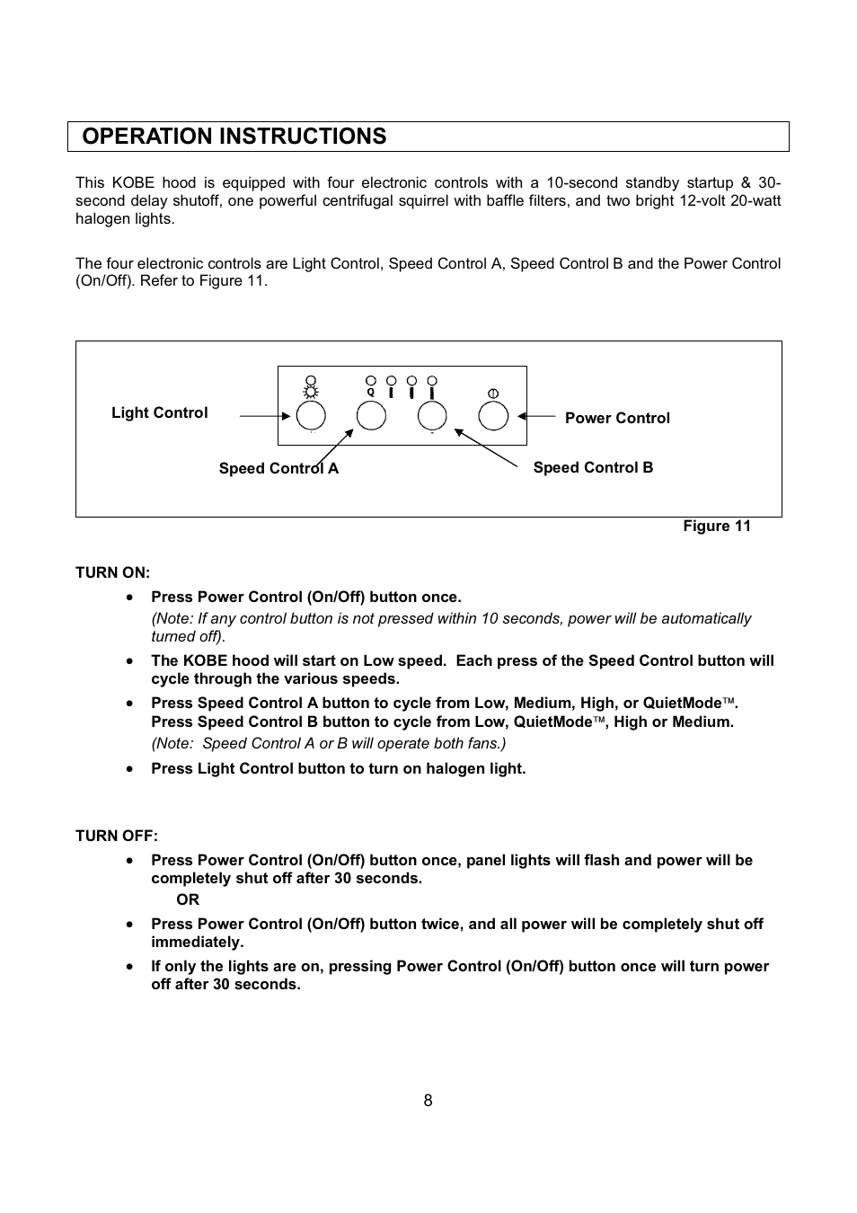 Operation instructions | Kobe Range Hoods RA9430SQB User Manual | Page 10 / 71
