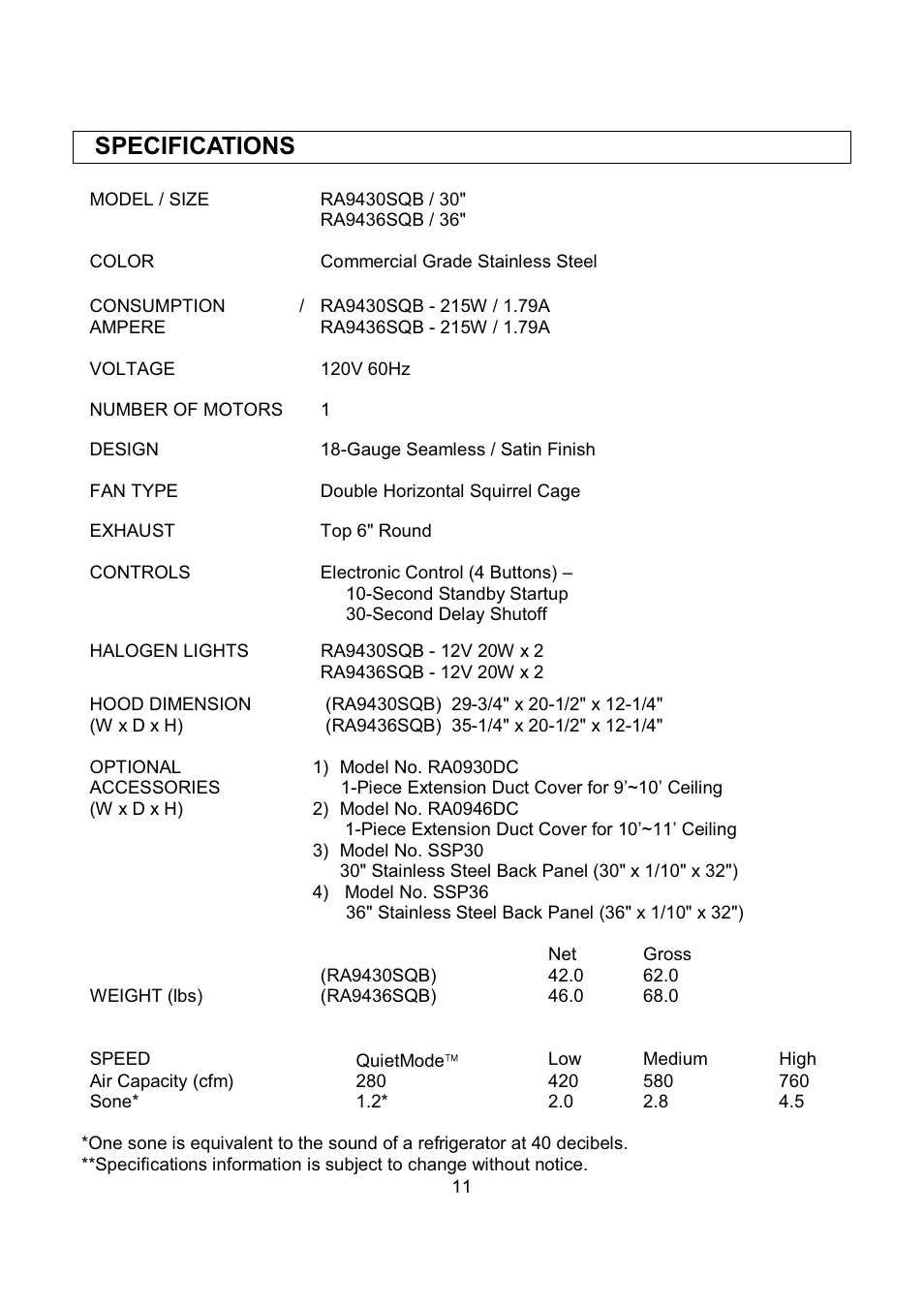 Specifications | Kobe Range Hoods RA9430SQB User Manual | Page 13 / 71
