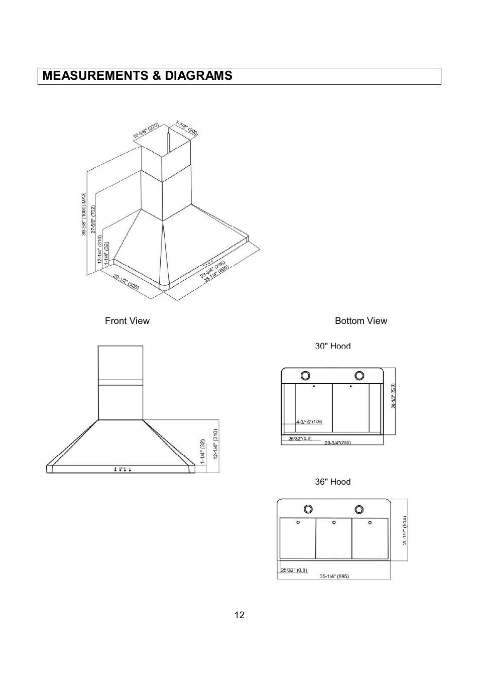Measurements & diagrams | Kobe Range Hoods RA9430SQB User Manual | Page 14 / 71