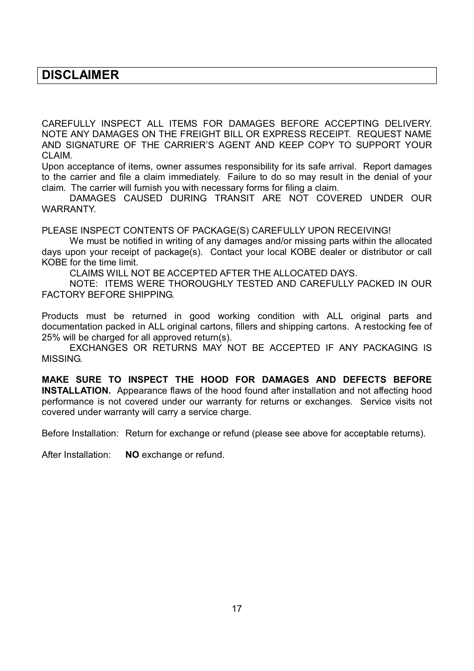 Disclaimer | Kobe Range Hoods RA9430SQB User Manual | Page 19 / 71