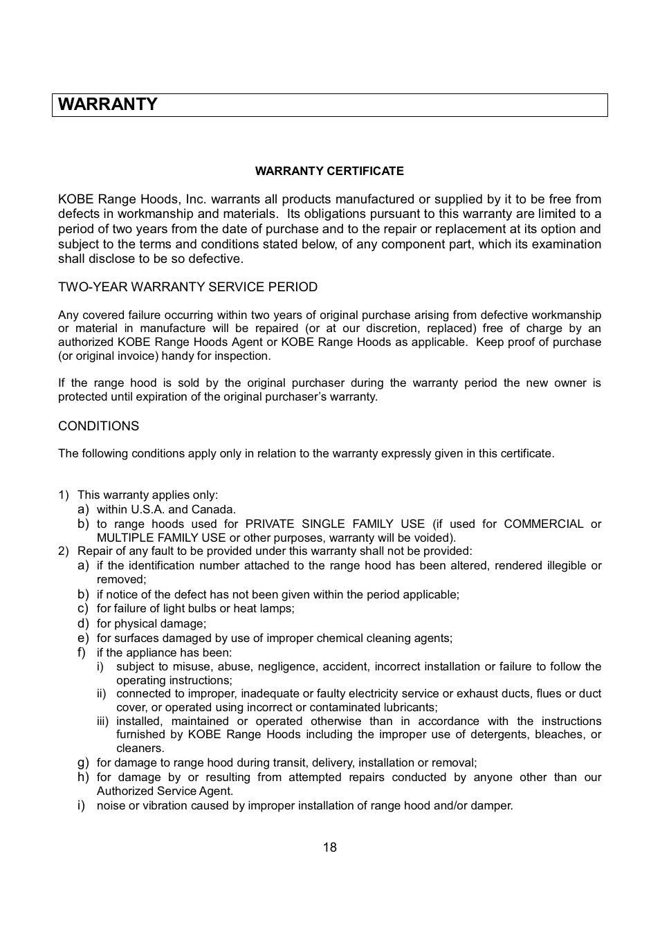 Warranty | Kobe Range Hoods RA9430SQB User Manual | Page 20 / 71