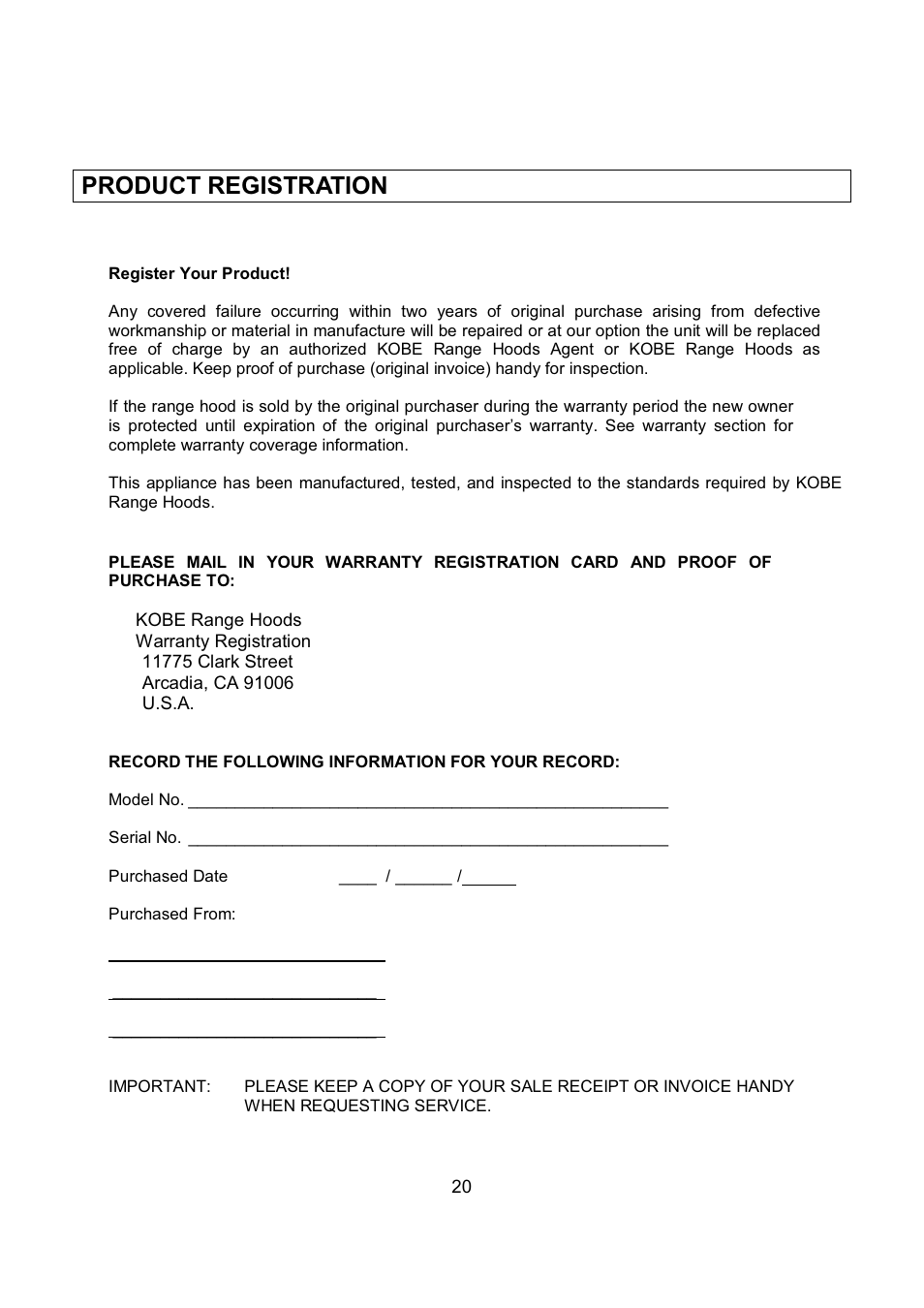 Product registration | Kobe Range Hoods RA9430SQB User Manual | Page 22 / 71