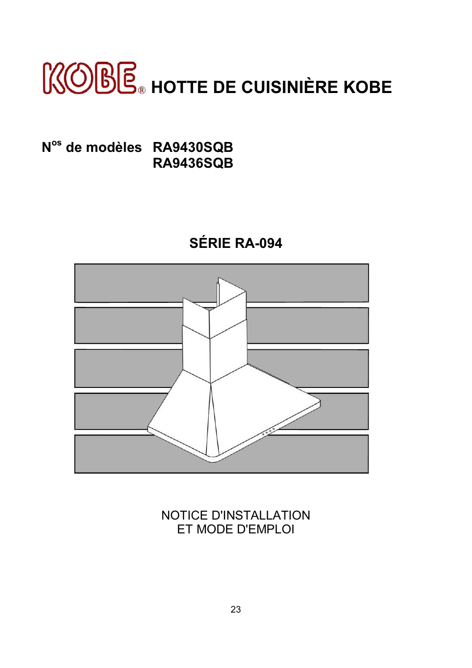 Hotte de cuisinière kobe | Kobe Range Hoods RA9430SQB User Manual | Page 25 / 71