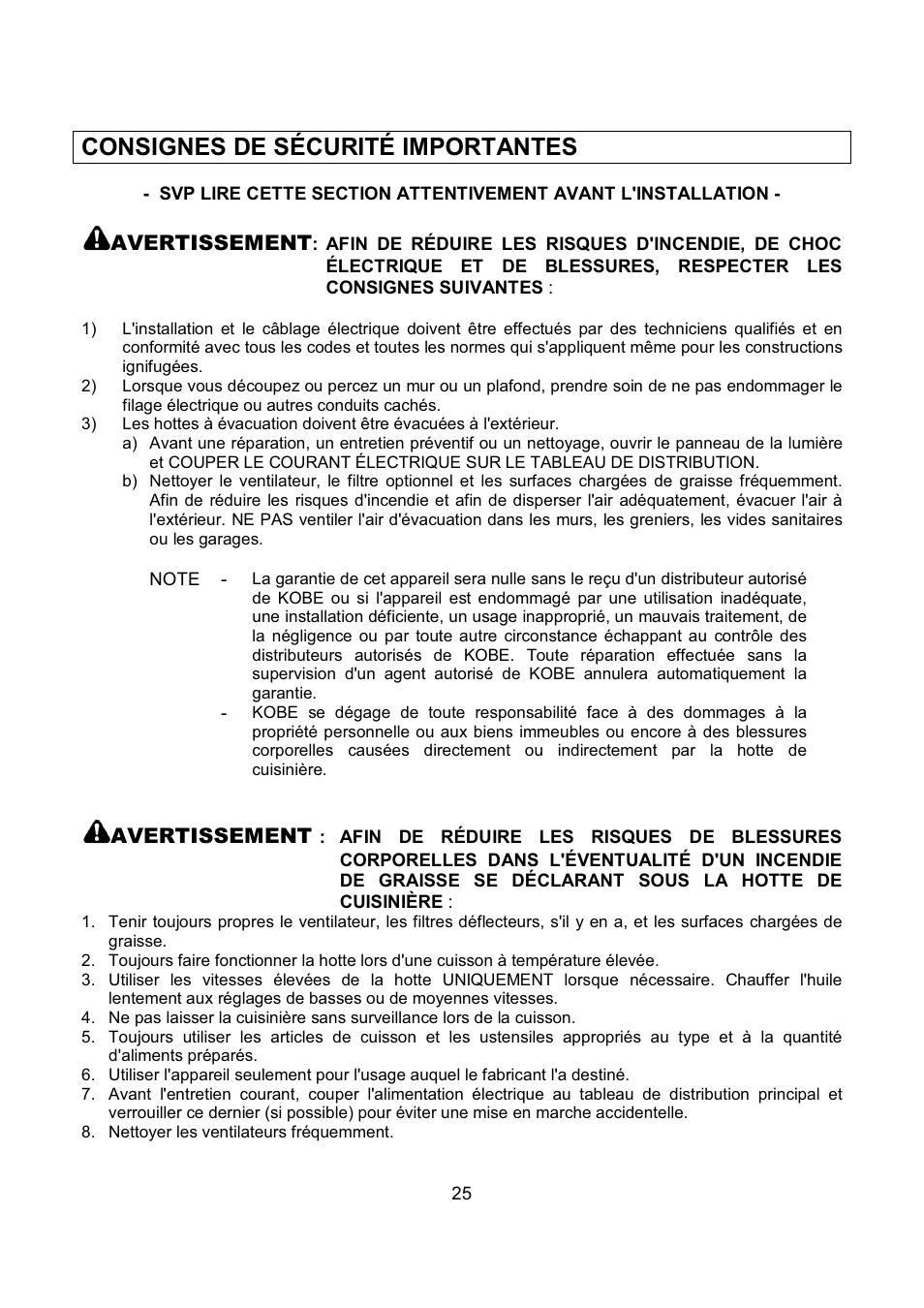 Consignes de sécurité importantes | Kobe Range Hoods RA9430SQB User Manual | Page 27 / 71