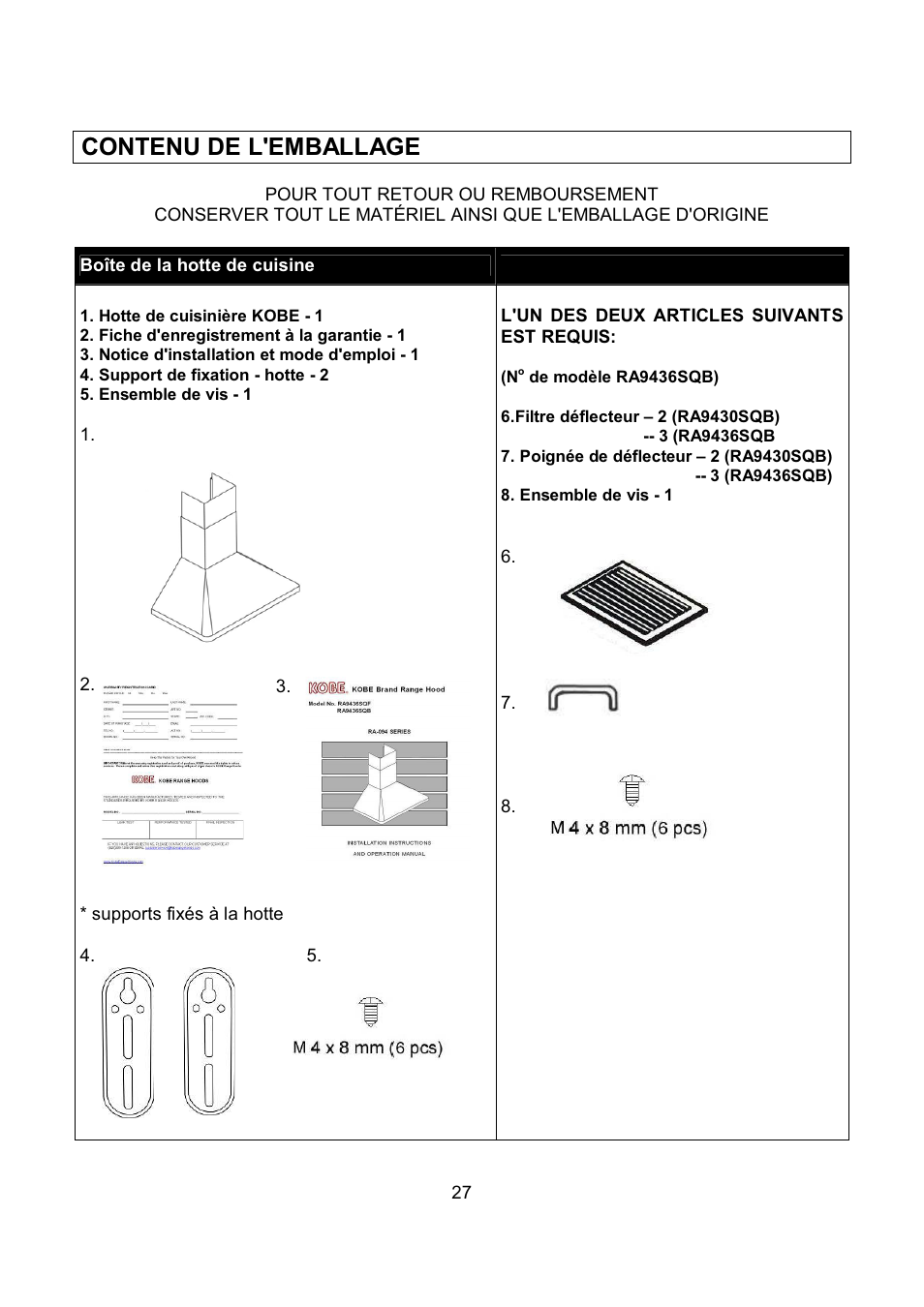 Contenu de l'emballage | Kobe Range Hoods RA9430SQB User Manual | Page 29 / 71