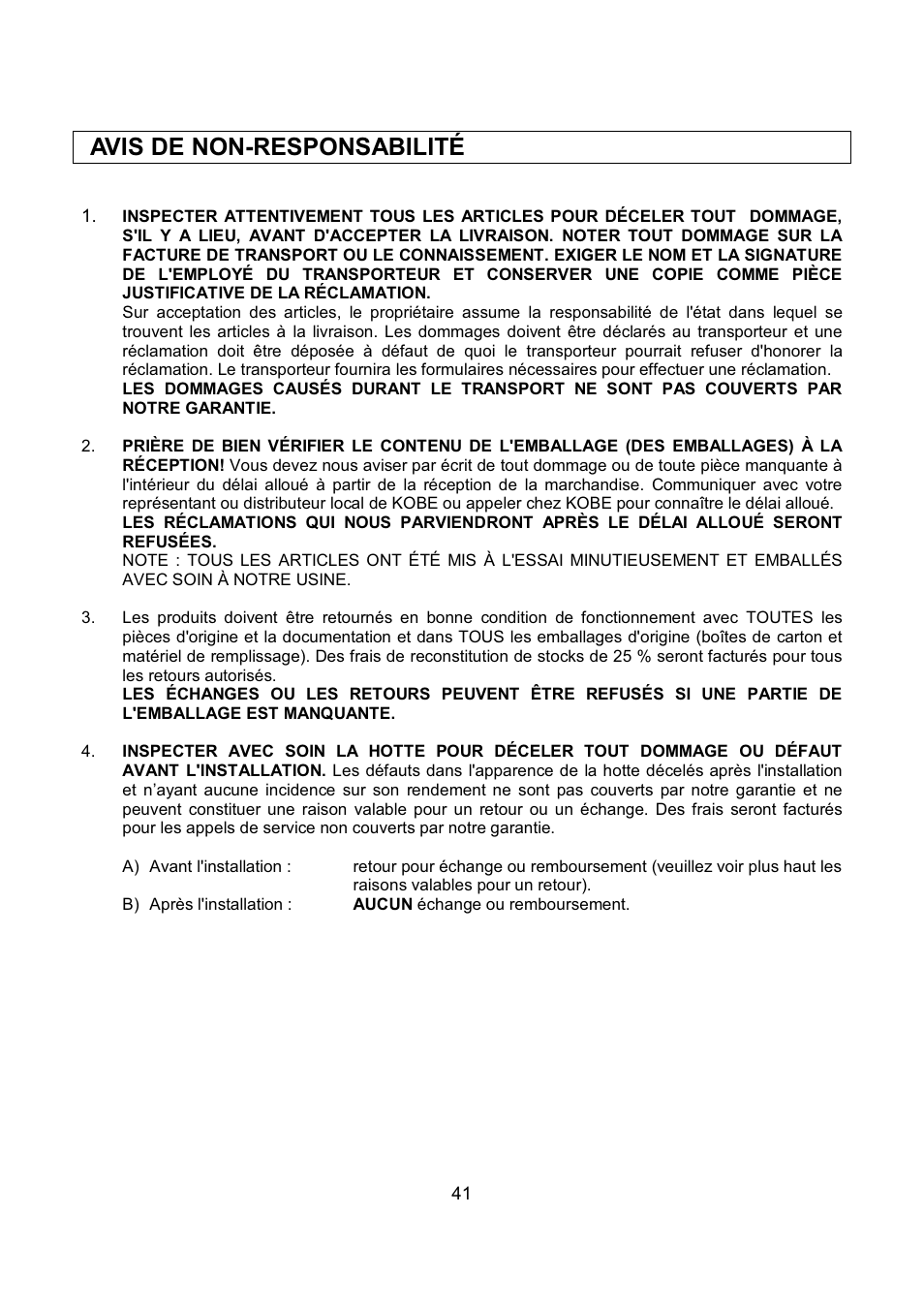 Avis de non-responsabilité | Kobe Range Hoods RA9430SQB User Manual | Page 43 / 71